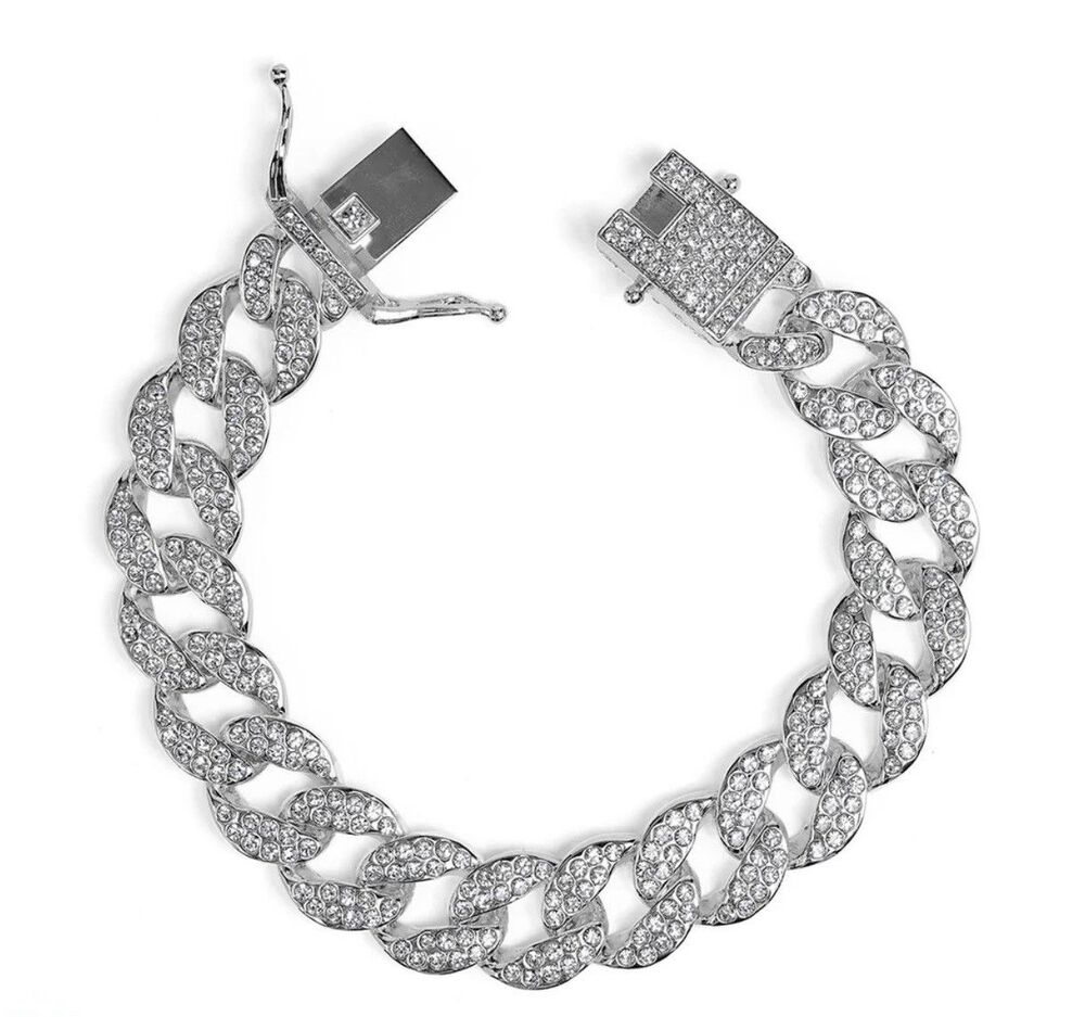 Men's Iced out Cuban Link Bracelet Silver Tone Australian Crystal.